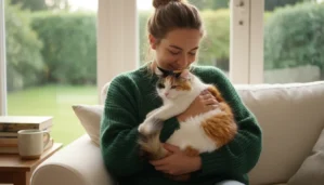 Frau in grünem Pullover hält getigerte Katze auf dem Sofa mit Gartendblick
