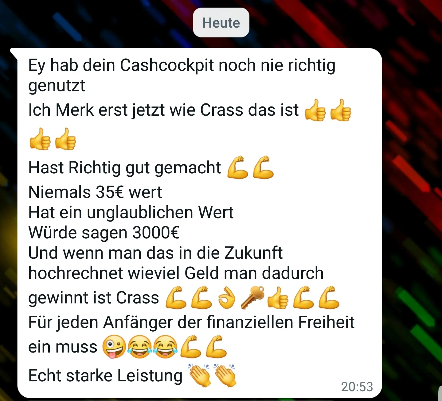 Testimonial mit positivem Feedback zu Cash Cockpit und Preis-Leistungs-Verhältnis