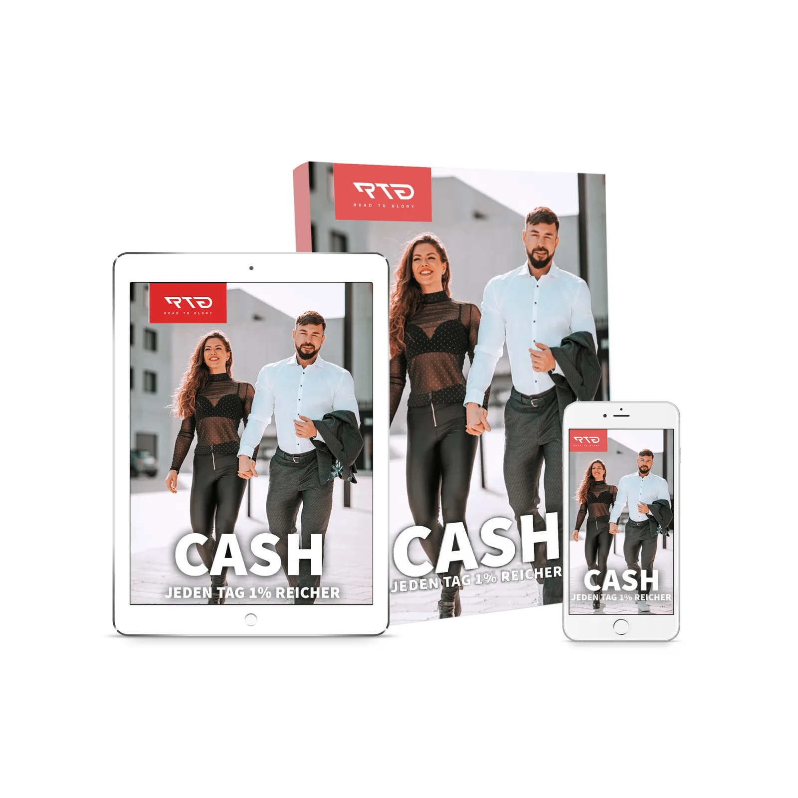 CASH – jeden Tag 1% reicher Responsive Mockup auf Buch iPad und iPhone