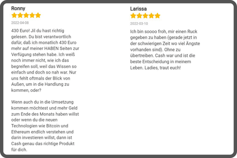 Kundenbewertungen Ronny und Larissa mit 5-Stern-Ratings zum CASH-Produkt