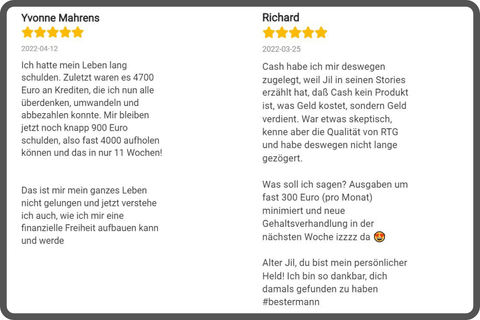 Kundenbewertungen Yvonne Mahrens und Richard mit 5-Stern-Ratings zum CASH-Produkt