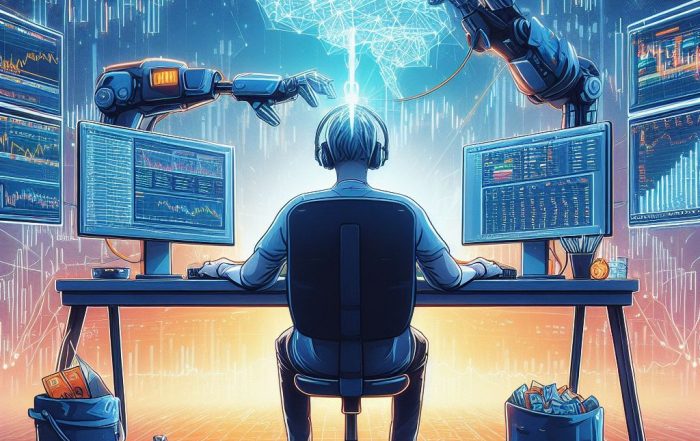 Trader sitzt vor mehreren Bildschirmen mit Echtzeit-Marktdaten, Diagrammen und KI-Roboterarmen