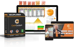 CashCockpit Geldplaner Bundle mit Software, Box, Geräte-Darstellung und Trainings-Videos