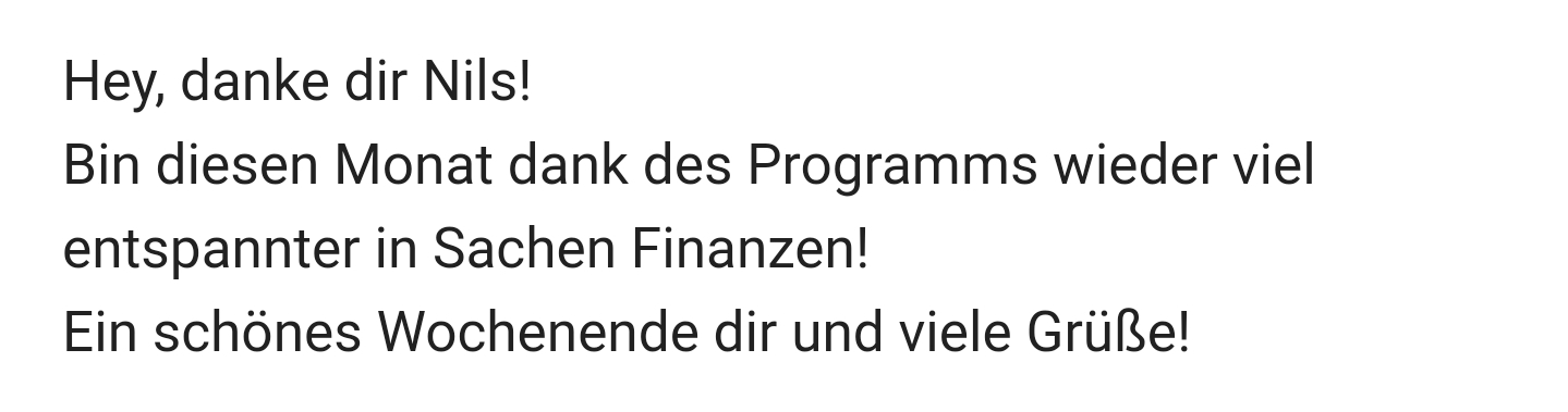 Schriftliche Kundenbewertung mit Dank und Lob für Finanzprogramm von Nils Warnecke