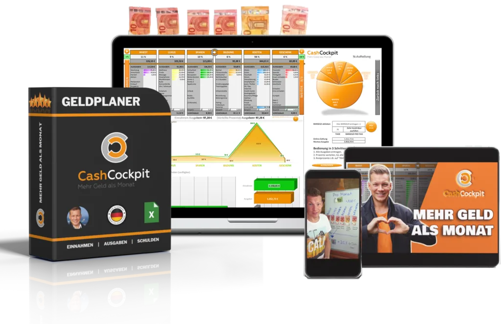 CashCockpit – Excel-Vorlage fürs Budget von Nils Warnecke 1 CashCockpit Software-Übersicht auf Mac-Bildschirm mit Diagrammen, Geldscheine und Smartphone zeigen Geldplaner-Funktionen