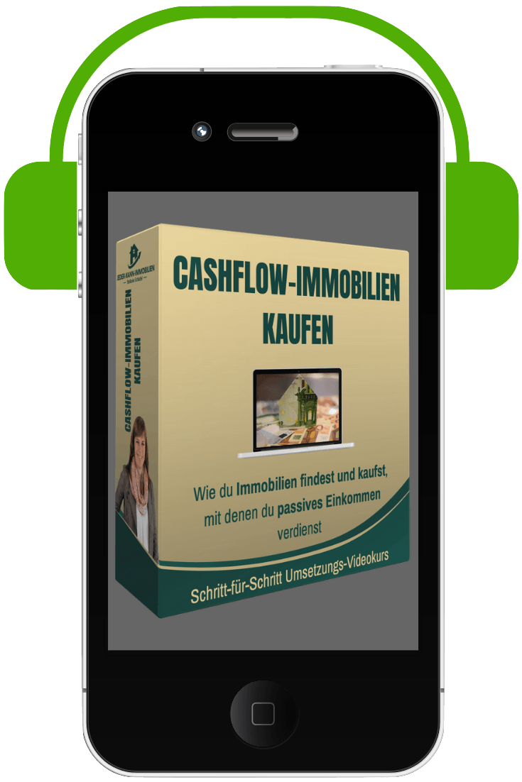 Hörbuch Cashflow-Immobilien kaufen auf iPhone mit grünen Kopfhörern