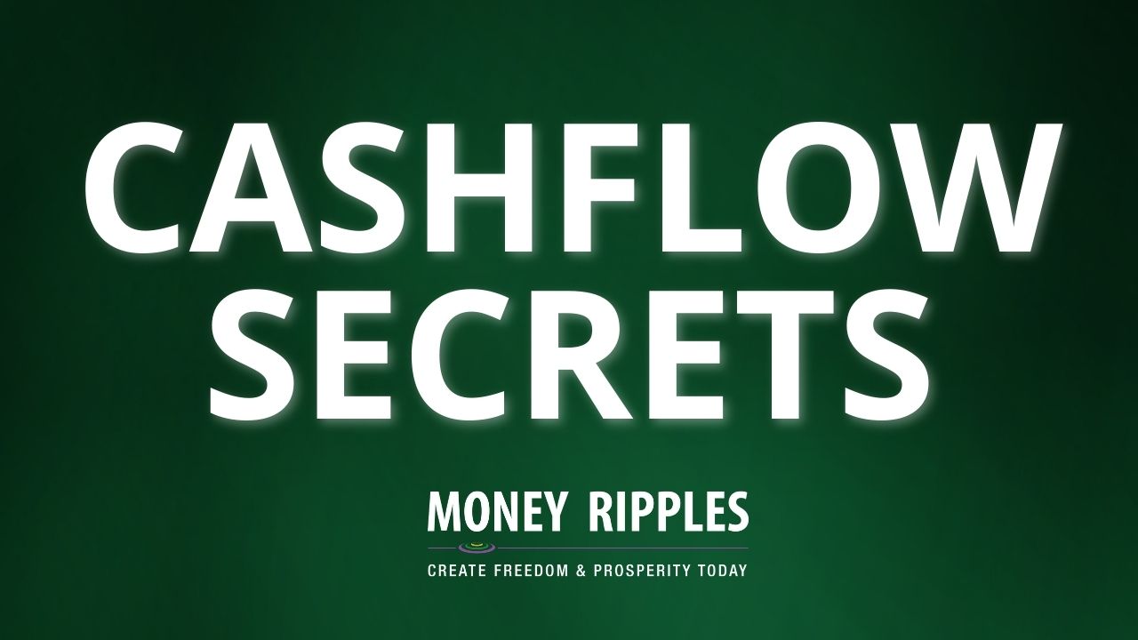 Hero-Banner Cashflow Secrets Money Ripples mit weißem Text auf dunkelgrünem Hintergrund