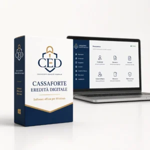 Cassaforte Eredità Digitale Software-Box neben Laptop mit Anwendungs-Dashboard