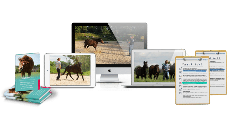 Produktmockup zeigt StarArtist Buch, Tablet, Smartphone und Laptop mit Kursinhalten und Checklisten