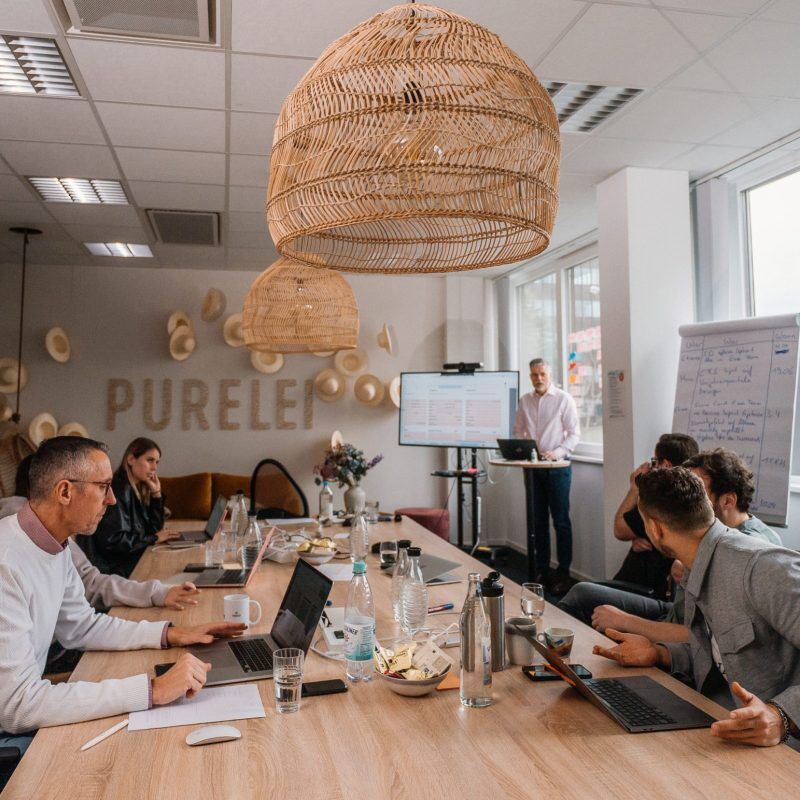 CEO Growth Mentoring – Coaching zur Unternehmensskalierung 14 CEO Growth Mentoring in PURELEI-Büro mit Moderator und Laptop-Präsentation