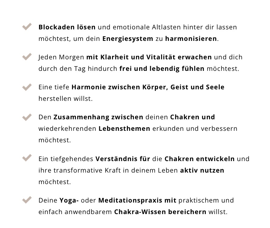 Auflistung von sechs Zielgruppen-Kriterien für den Chakra-Kurs
