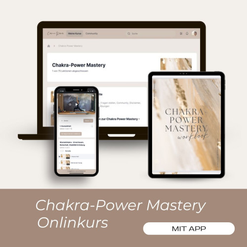Chakra-Power Mastery Onlinekurs Mockup auf Laptop, Tablet und Smartphone mit Buchcover