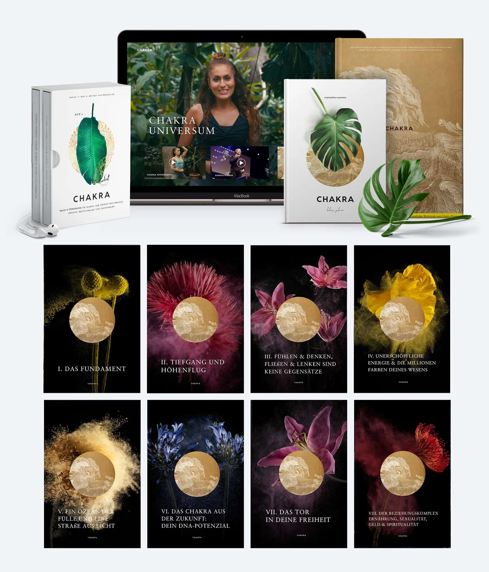 Übersichtsmockup aller Chakra-Produkte: CD-Box, Webseite, Workbook, Buch sowie acht einzelne Kapitel-Illustrationen mit Blüte