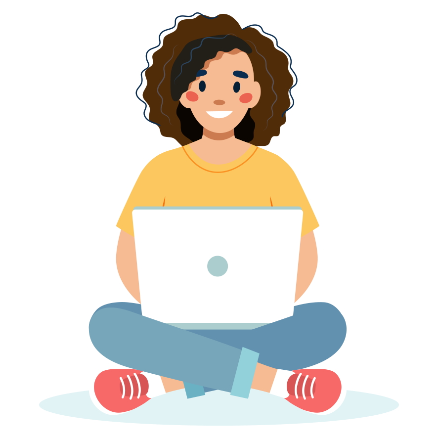 Illustration Frau mit Laptop, Curly Brown Hair, gelbes Shirt, sitzend mit Boxhandschuhen