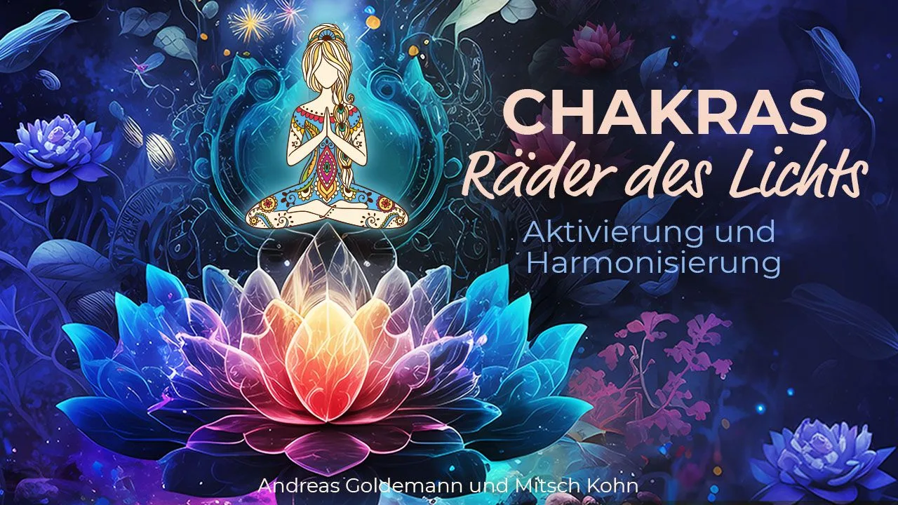 Cover Chakras Räder des Lichts mit meditierender Frau, buntem Lotus und Licht-Symbolen