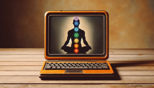 Mockup eines gelb-orangenen Laptops mit Chakra-Grafik auf Bildschirm, Person in Meditationshaltung mit leuchtenden Chakren