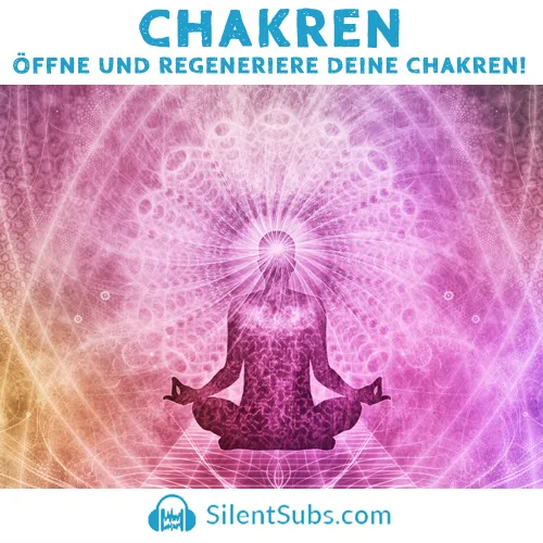 Chakren Frequenzen Komplettpaket Cover mit meditierender Silhouette und energetischen Lichtstrahlen in Violett und Gold