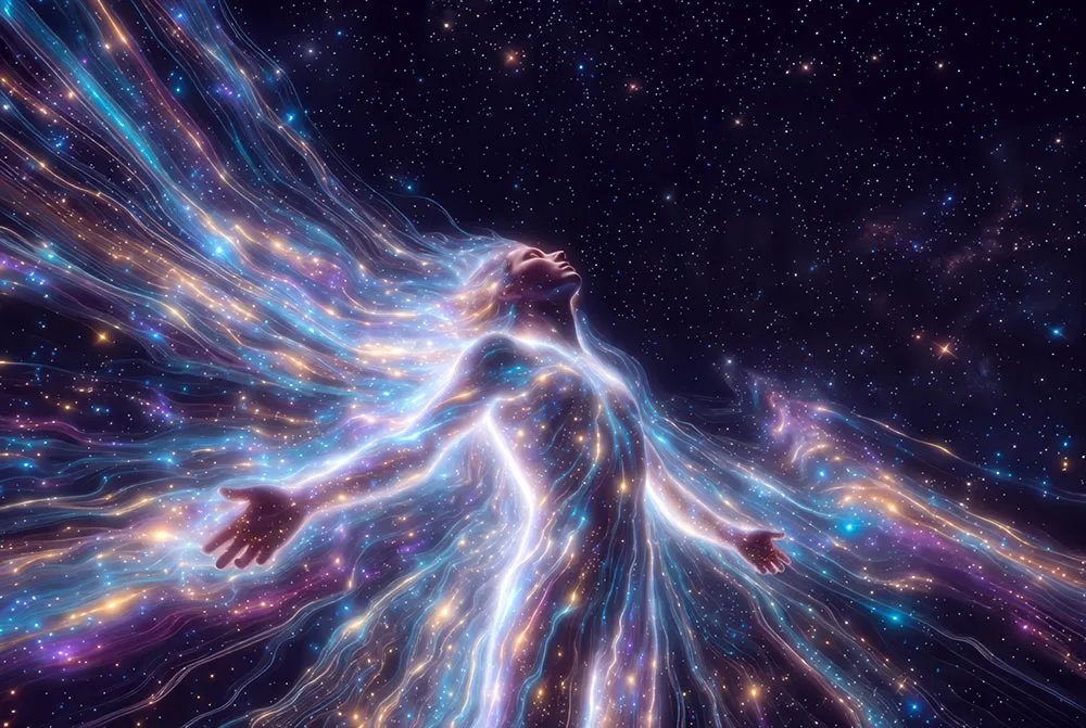 Abstrakte Illustration einer leuchtenden Person mit energetischen Lichtströmen in Blau, Gold und Violett vor Sternenhimmel