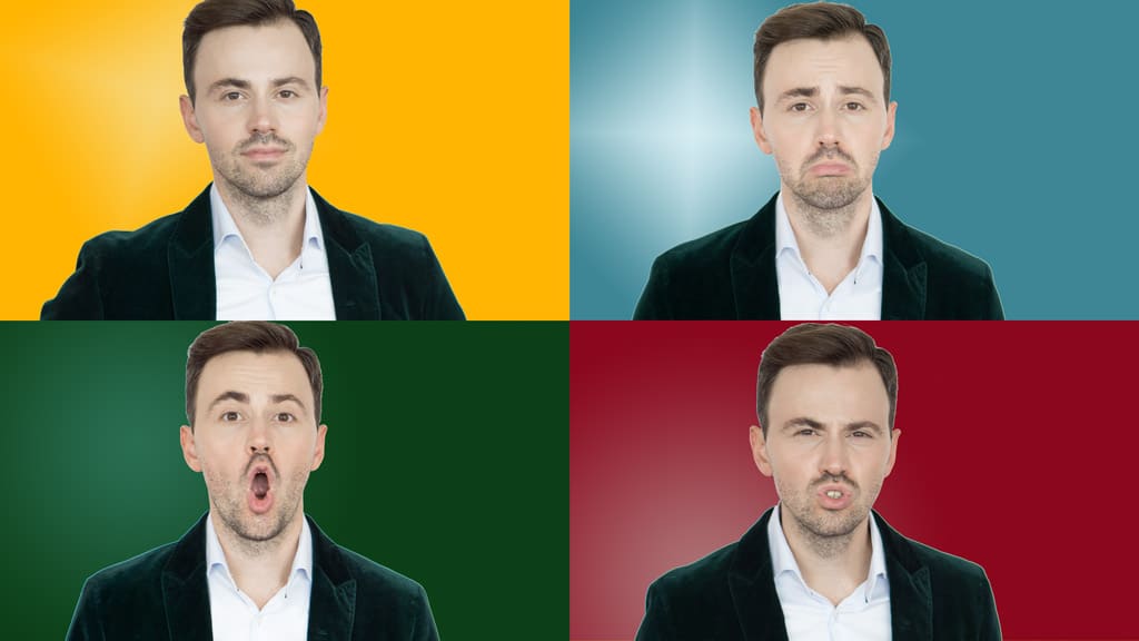 Mann in vier Quadranten auf farbigen Hintergründen zeigt verschiedene Emotionen und Mimiken