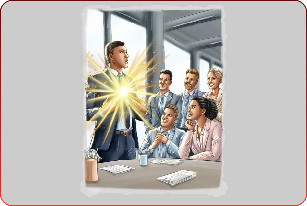 Charismatic Leadership – Praxisbuch über Führung 18 Illustration Geschäftsmann mit Ausstrahlung vor beeindrucktem Team im Konferenzraum