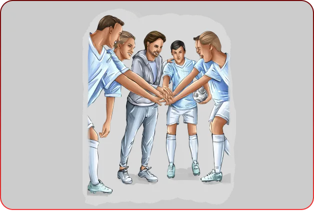 Charismatic Leadership – Praxisbuch über Führung 19 Illustration fünf Personen im Teamkreis mit gemeinsamen Flügeln und blauem Licht
