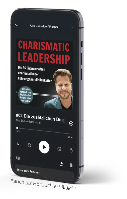 Charismatic Leadership – Praxisbuch über Führung 23 Charismatic Leadership Hörbuch auf Smartphone-Display mit Play-Button und Folge 02