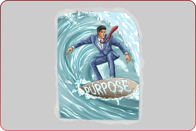 Charismatic Leadership – Praxisbuch über Führung 24 Illustration Geschäftsmann auf Surfbrett über Welle mit PURPOSE-Schriftzug
