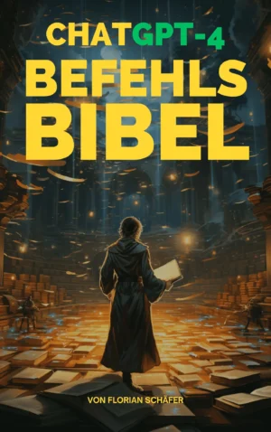 ChatGPT Befehls-Bibel Cover-Illustration mit Person in schwarzem Mantel vor futuristischem Szenario mit Büchern und gelb-grün