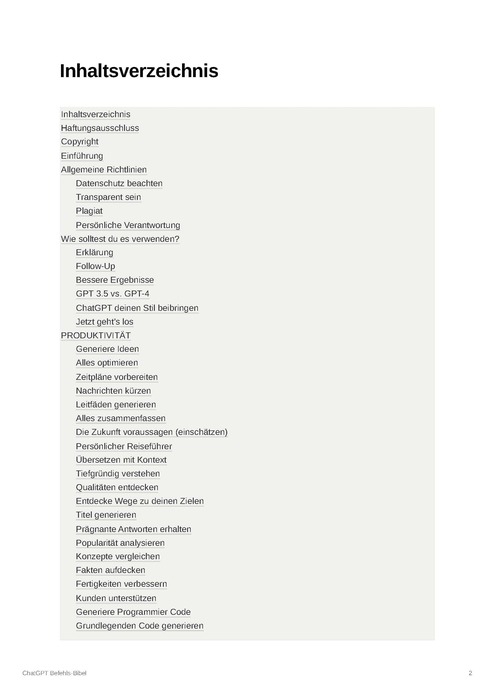 Inhaltsverzeichnis E-Book mit umfangreicher Auflistung von Prompt-Kategorien und Anwendungsfällen