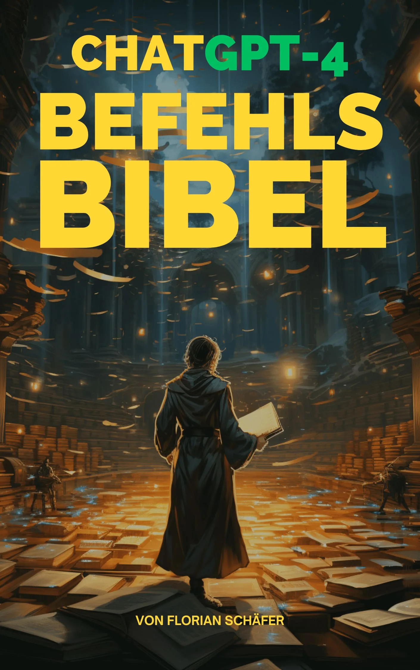 ChatGPT Befehls-Bibel Cover-Illustration mit Person in schwarzem Mantel vor futuristischem Szenario mit Büchern und gelb-grün
