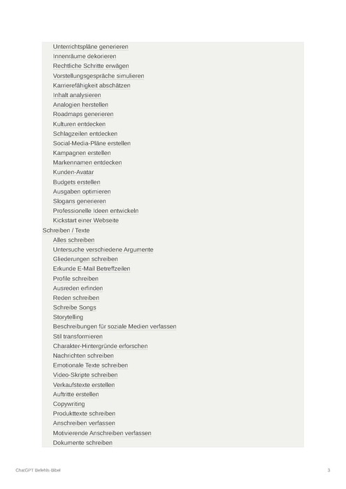 Inhaltsverzeichnis Fortsetzung E-Book mit Kategorien Schreiben/Texte, Soziales und weitere Prompt-Anwendungen