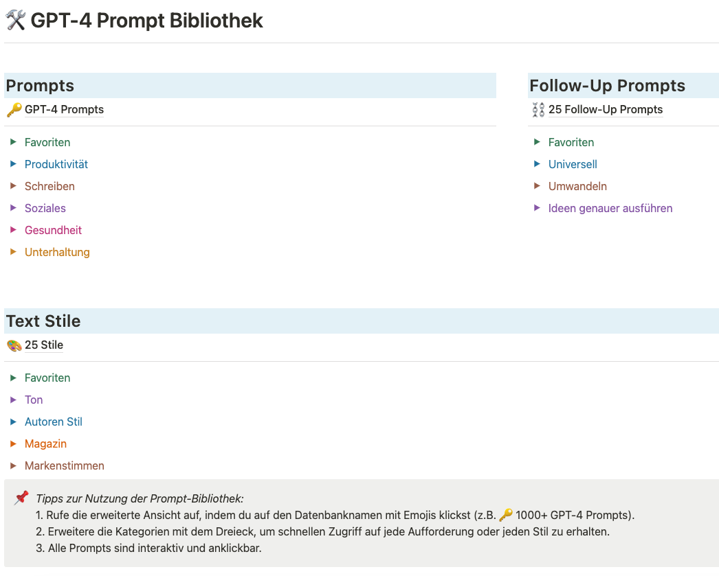 Screenshot der GPT-4 Prompt Bibliothek mit Navigationskategorien und Tipps zur Nutzung