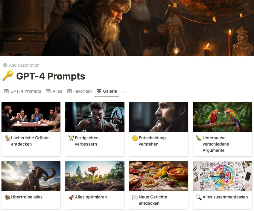 Screenshot der GPT-4 Prompts Galerie mit acht Prompt-Karten in deutscher Sprache