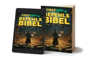 Mockup des ChatGPT Befehls-Bibel E-Books auf Tablet und gedrucktem Buch nebeneinander