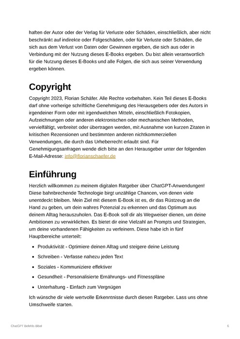 E-Book Seite mit Copyright-Vermerk und Einführung zur ChatGPT-Technologie von Florian Schäfer