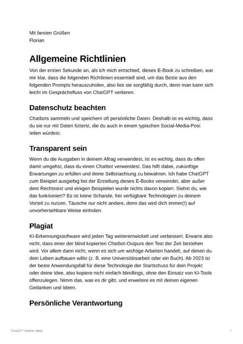 E-Book Seite Allgemeine Richtlinien mit Abschnitten zu Datenschutz, Transparenz, Plagiat und Verantwortung