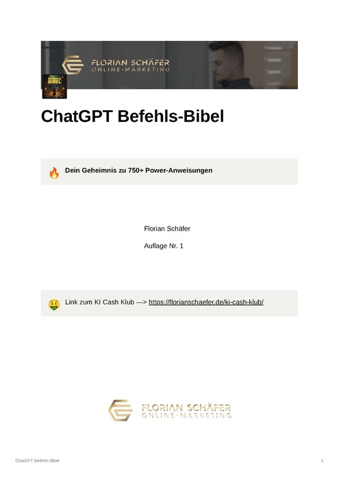 E-Book Titelseite ChatGPT Befehls-Bibel mit Logo, Motto und Autor sowie Link zum KI Cash Klub