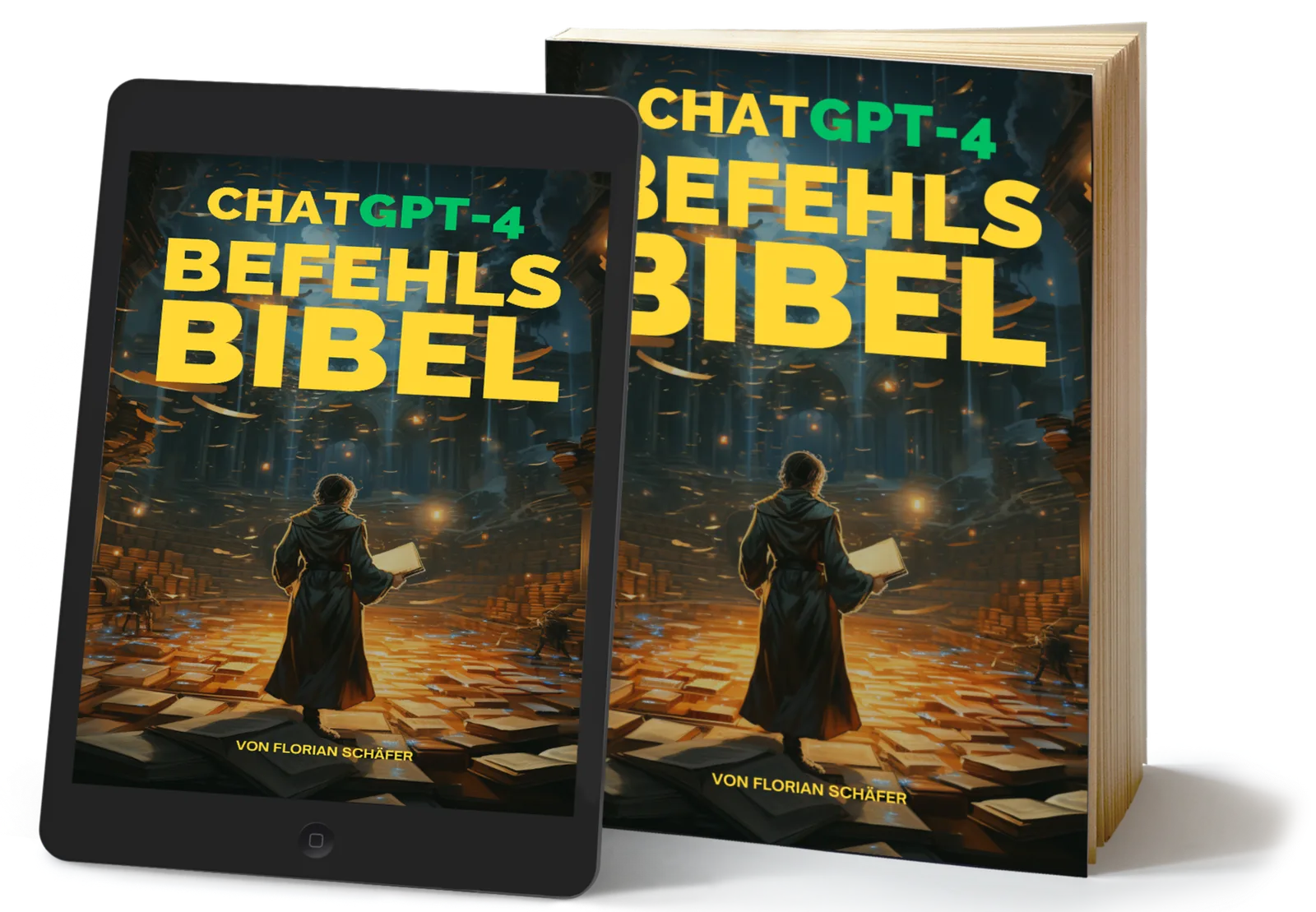 ChatGPT Befehls-Bibel E-Book Cover und Mockup auf Tablet und Buch mit Titel in Gelb und Grün auf mystischem Hintergrund