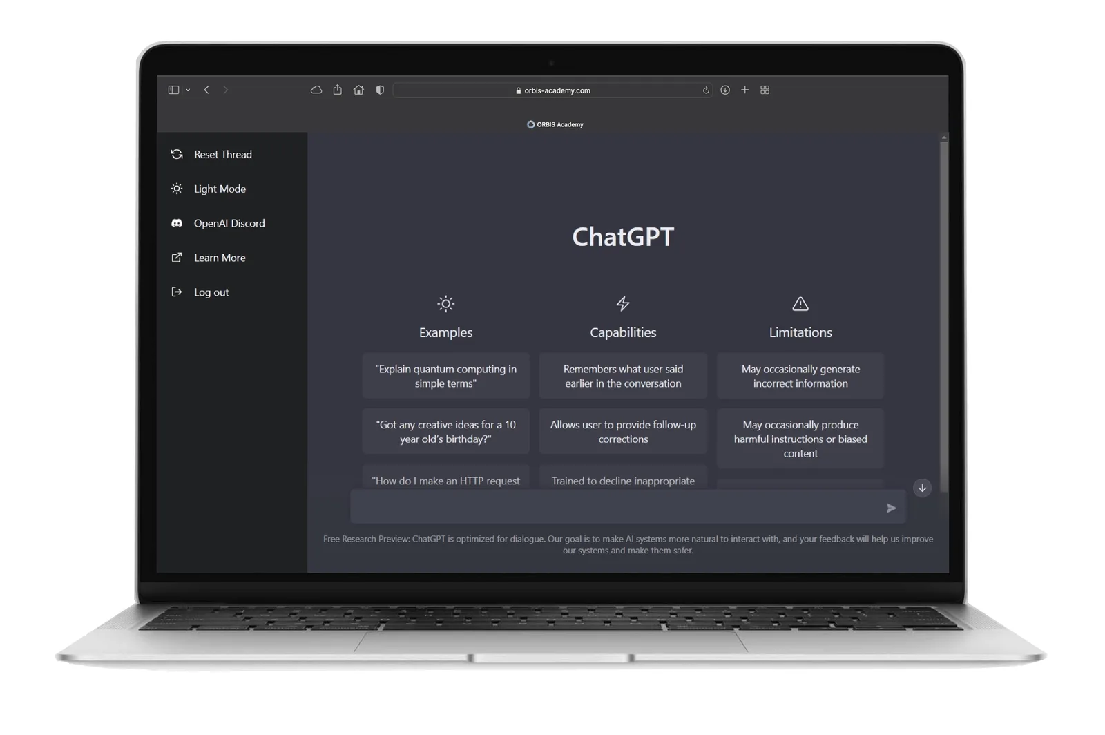 ChatGPT Interface Screenshot mit Examples, Capabilities und Limitations auf ORBIS Academy Website