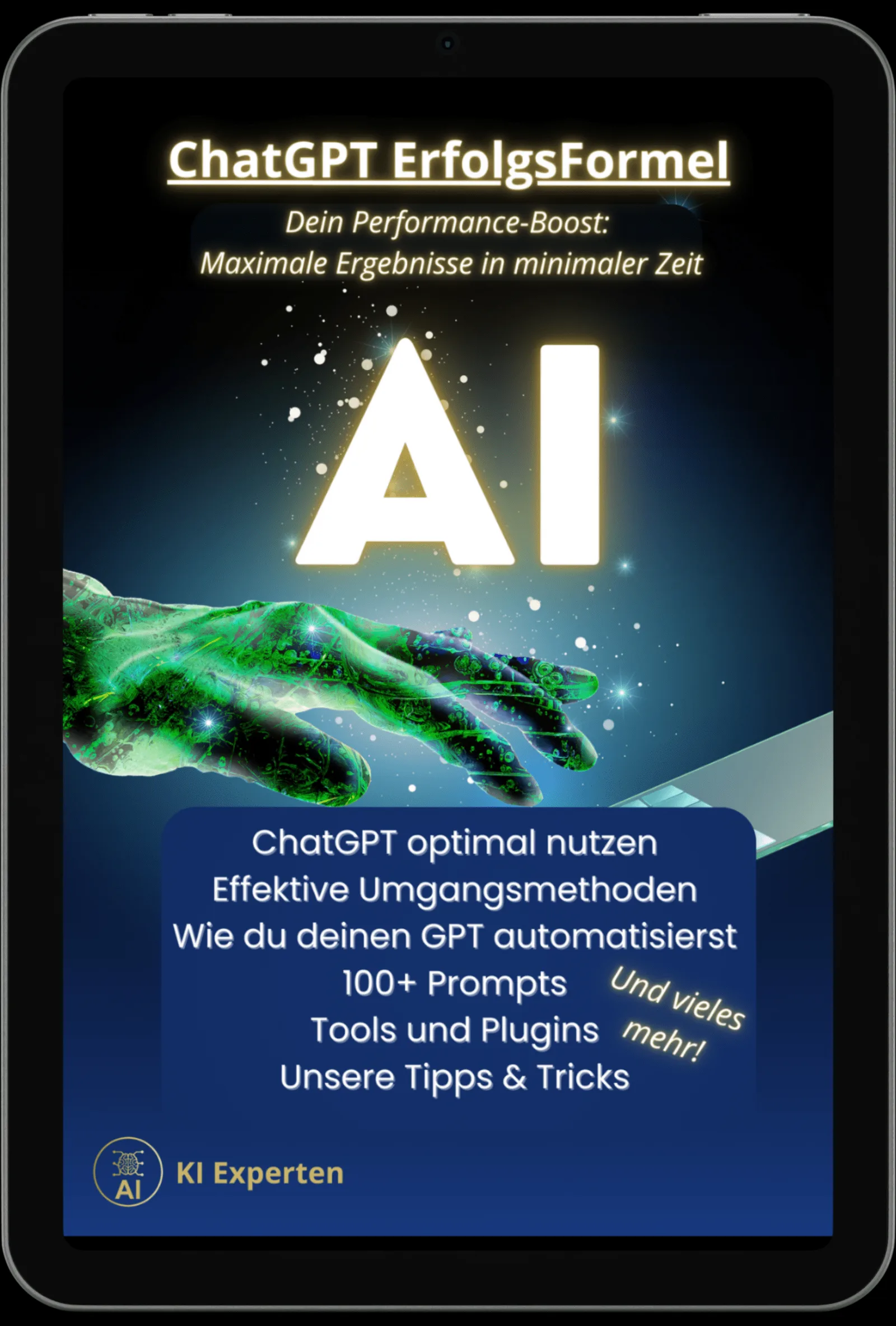ChatGPT ErfolgsFormel E-Book Cover mit großem AI-Schriftzug und leuchtender Hand