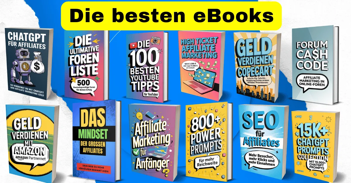 ChatGPT für Affiliate – E-Book zum KI-Marketing von Michael Kotzur 5 Übersicht von zwölf eBook-Covers zu verschiedenen Affiliate-Marketing- und Online-Themen