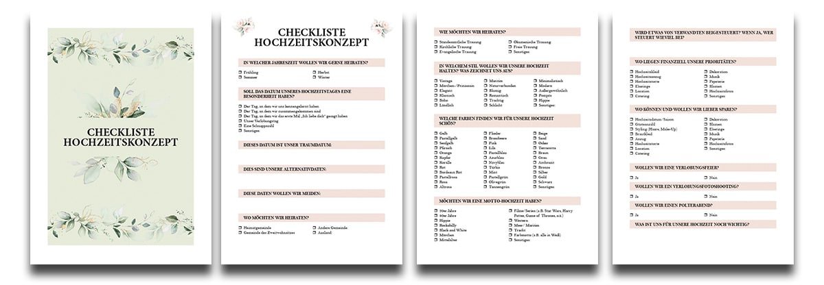Vier verschiedene Checklisten-PDF-Seiten zum Thema Hochzeitskonzept mit Abhak-Kästchen, grüne Blumenverzierungen