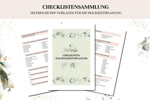 Checklistensammlung zur Hochzeitsplanung mit mehreren ausgedruckten PDF-Vorlagen, Stift und Blattdekorationen