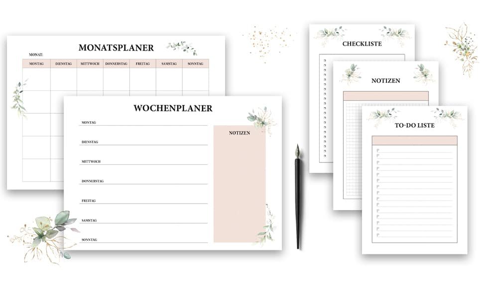 Bonusmaterial mit Monatsplaner, Wochenplaner, Checkliste, Notizen und To-Do-Liste für Hochzeitsplanung