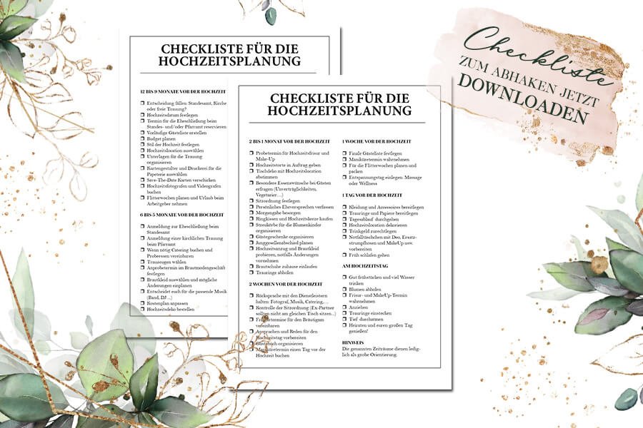 Checkliste für die Hochzeitsplanung mit zwei PDF-Seiten und Hinweis zum Herunterladen mit Blumendeko
