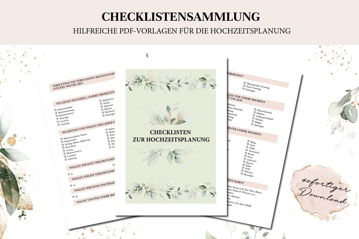 Mockup der Checklistensammlung mit drei ausgebreiteten PDF-Seiten zur Hochzeitsplanung, Blüten und Goldakzente