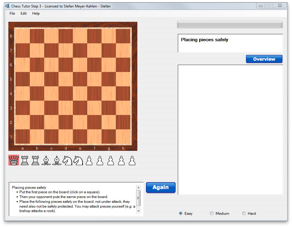 Chess Tutor Step 3 Screenshot mit Schachbrett und Aufgabe zum sicheren Platzieren von Figuren