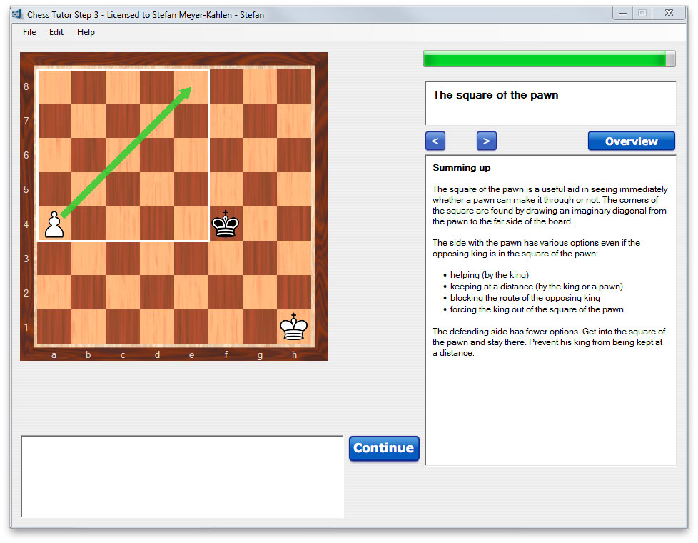 Chess Tutor Step 3 Lernbildschirm zum Thema The square of the pawn mit Erklärung und Schachposition