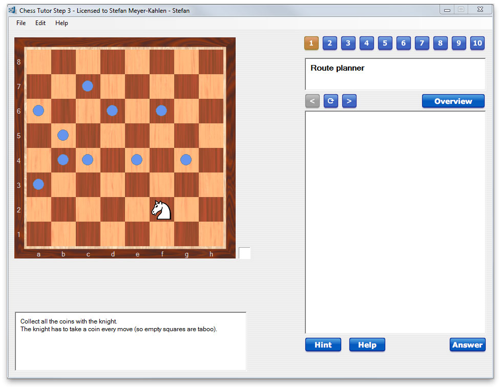 Chess Tutor Step 3 Route Planner Übung mit Springer und blauen Münzen auf dem Schachbrett