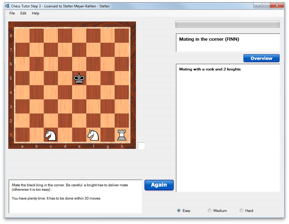 Chess Tutor Step 3 Screenshot Mating in the corner RNN mit Springer und Turm gegen König